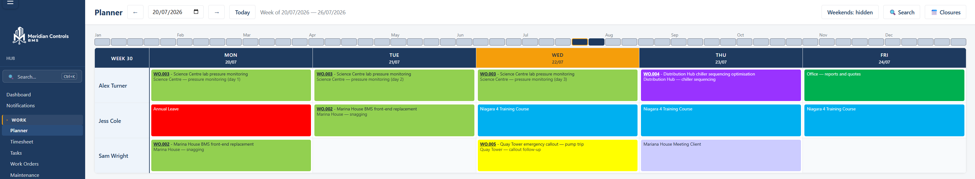 The HUB weekly planner — colour-coded jobs per engineer